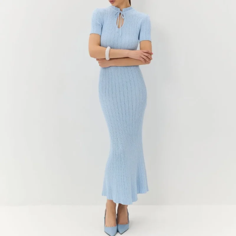 Elegant Green Hollow Out Knit Maxi Dress - Image 6