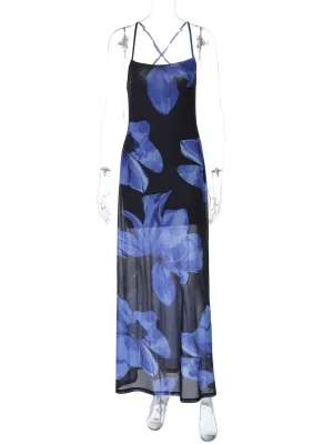Elegant Mesh Print Blue Maxi Dress Halter Backless