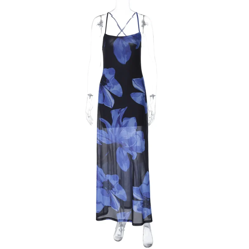 Elegant Mesh Print Blue Maxi Dress Halter Backless