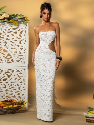 Elegant White Lace Strapless Maxi Dress