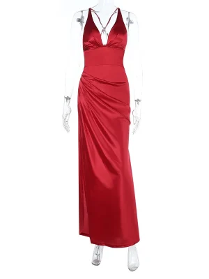 Red Satin Backless Maxi Dress