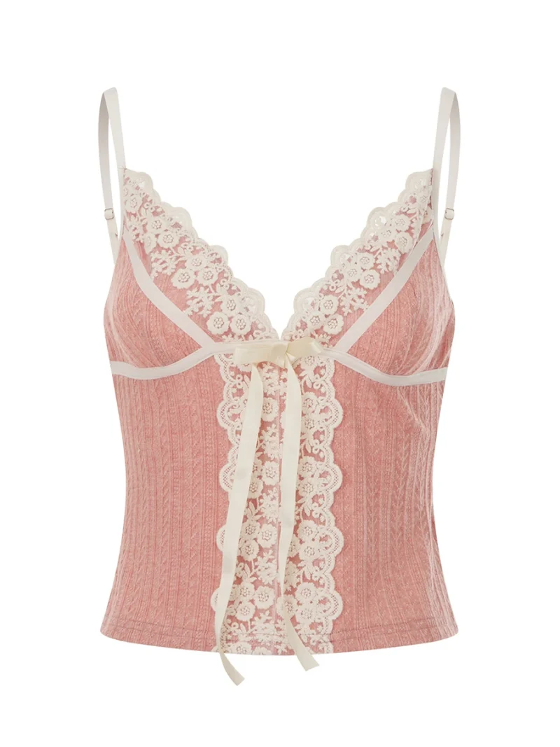 Lace Trim V Neck Bow Tank Top Slim Y2K Crop Style - Image 3