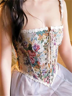 Women's Retro Jacquard Corset Top Lace Trim Bustier Camisole