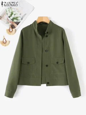 Solid Color Button-Up Short Jacket with Stand Collar
