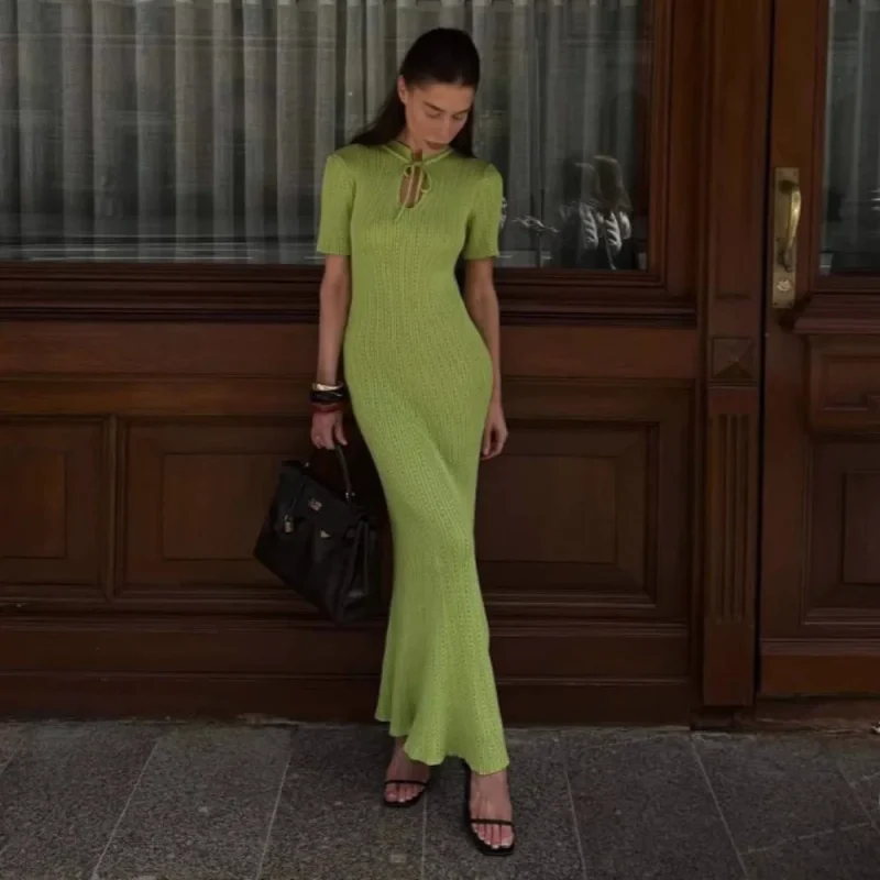 Elegant Green Hollow Out Knit Maxi Dress - Image 3
