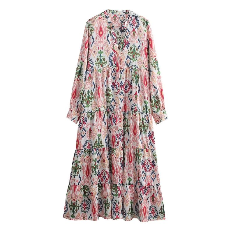 Autumn Printed Long Sleeve Layered Swing Dress