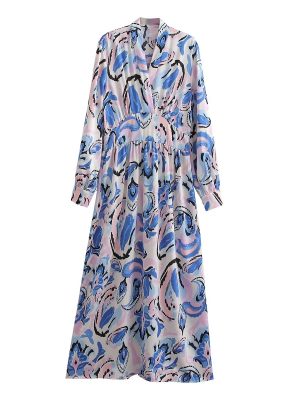 Fall Vintage V-Neck Printed Long Sleeve Dress