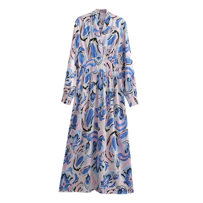 Fall Vintage V-Neck Printed Long Sleeve Dress