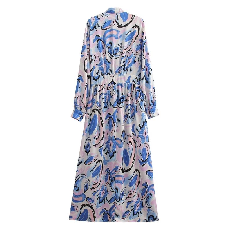 Fall Vintage V-Neck Printed Long Sleeve Dress - Image 2