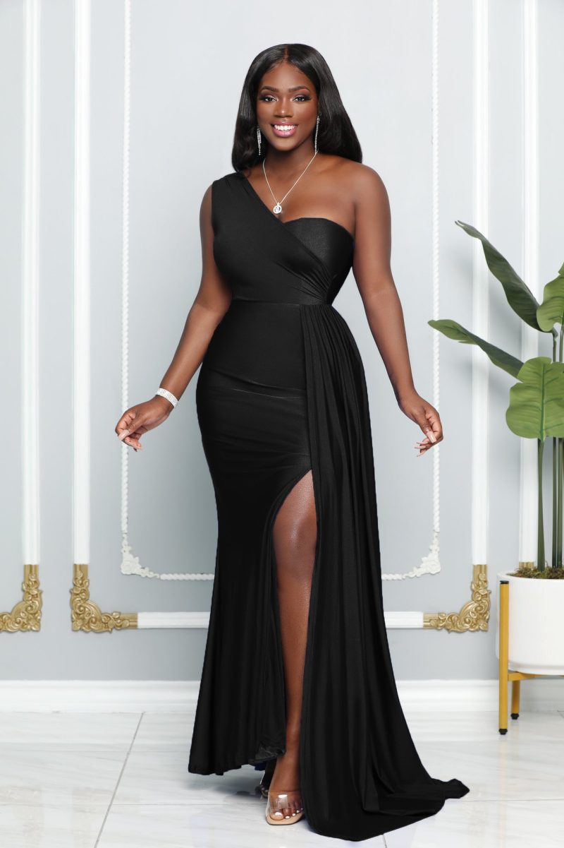 Sleeveless One Shoulder High Waist Slit Evening Dress - Image 3