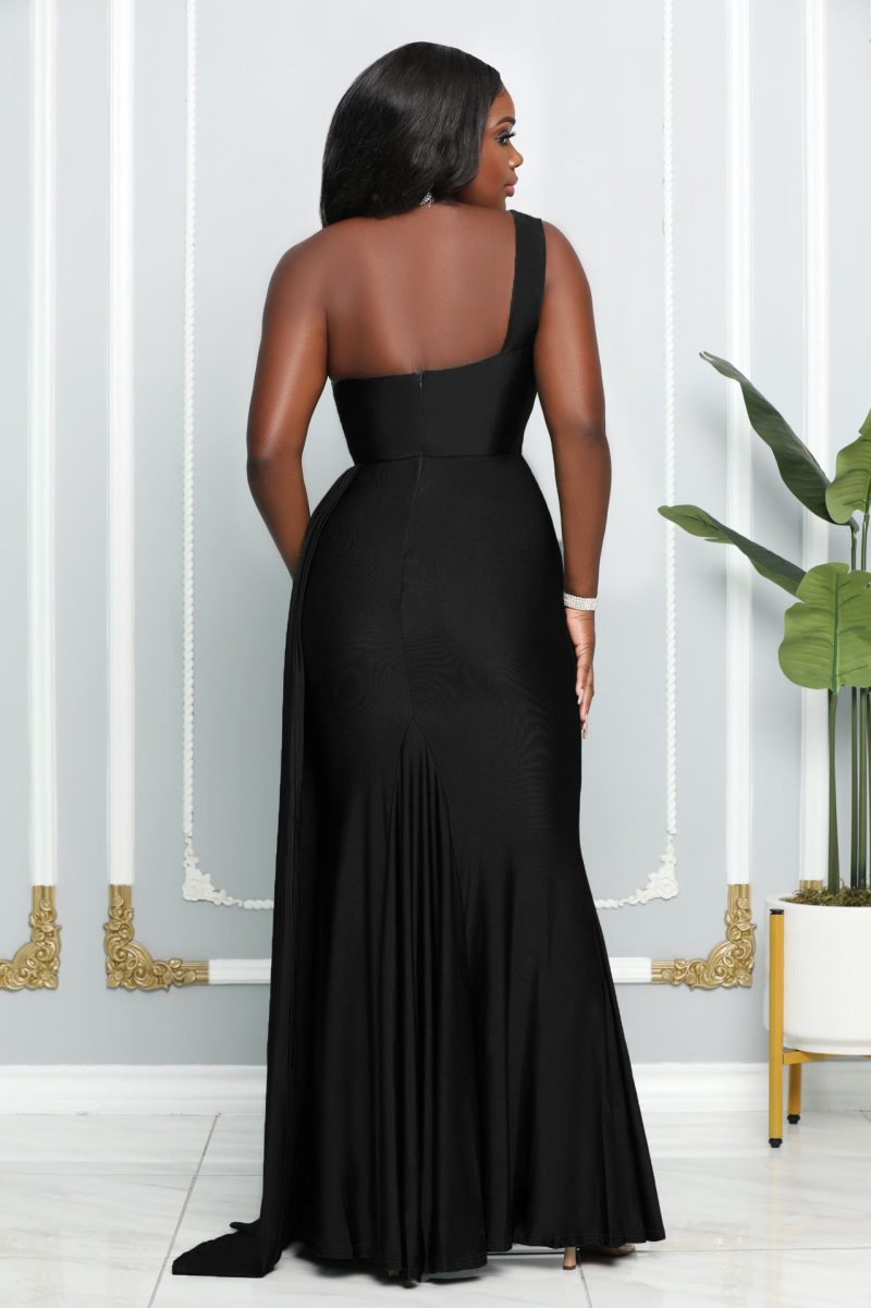 Sleeveless One Shoulder High Waist Slit Evening Dress - Image 4