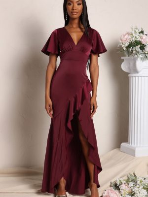 V Neck Asymmetric Ruffled Bodycon Long Party Dress