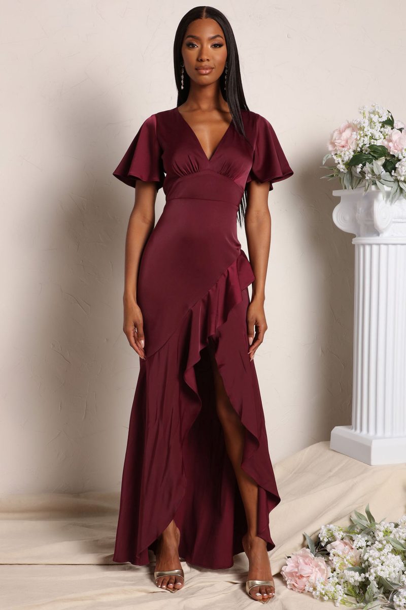 V Neck Asymmetric Ruffled Bodycon Long Party Dress
