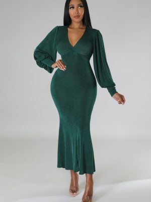 Women’s Long Sleeve Slim Waist V Neck Dress
