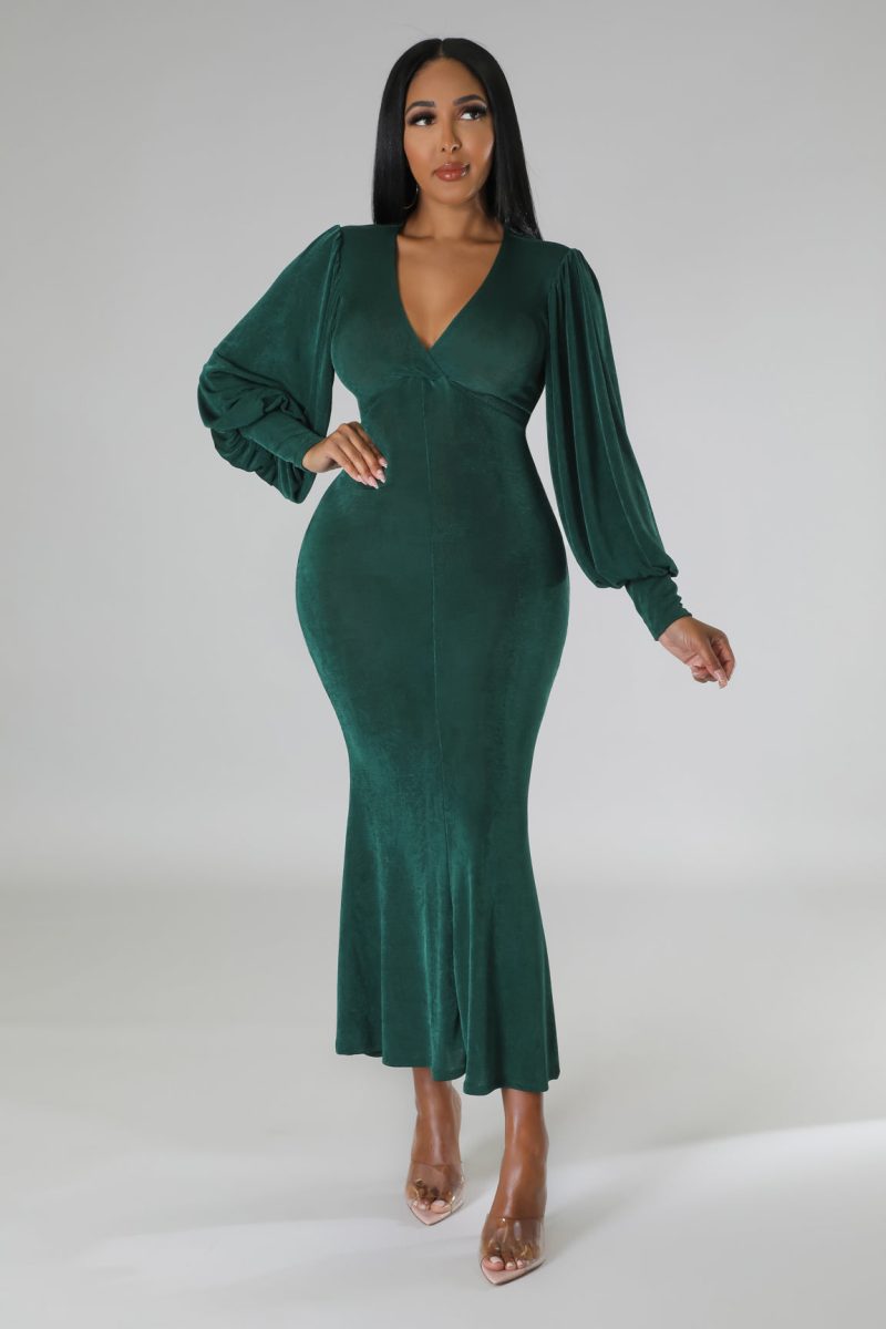 Women’s Long Sleeve Slim Waist V Neck Dress