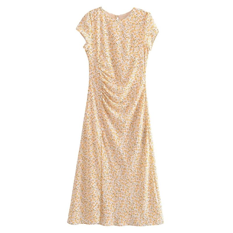 Winter French Pleated Button Side Split Print Dress