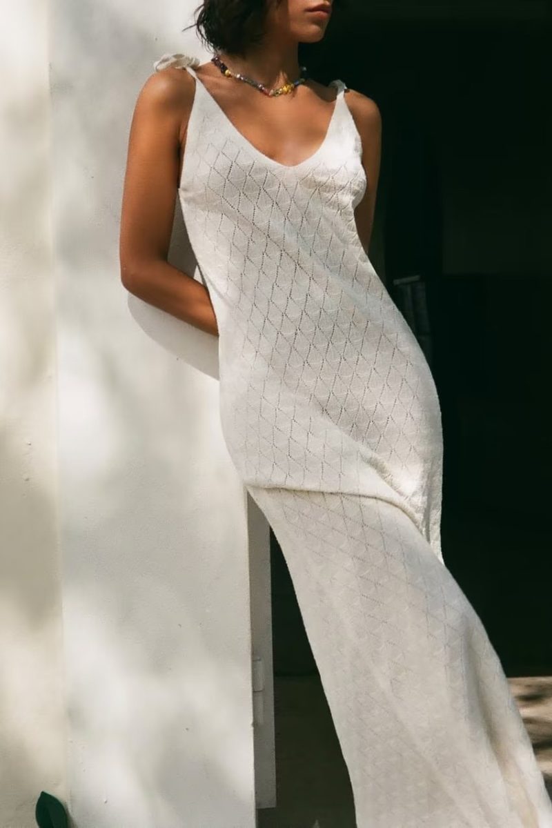 Women's Knitted Tie Strap V-Neck Midi Dress