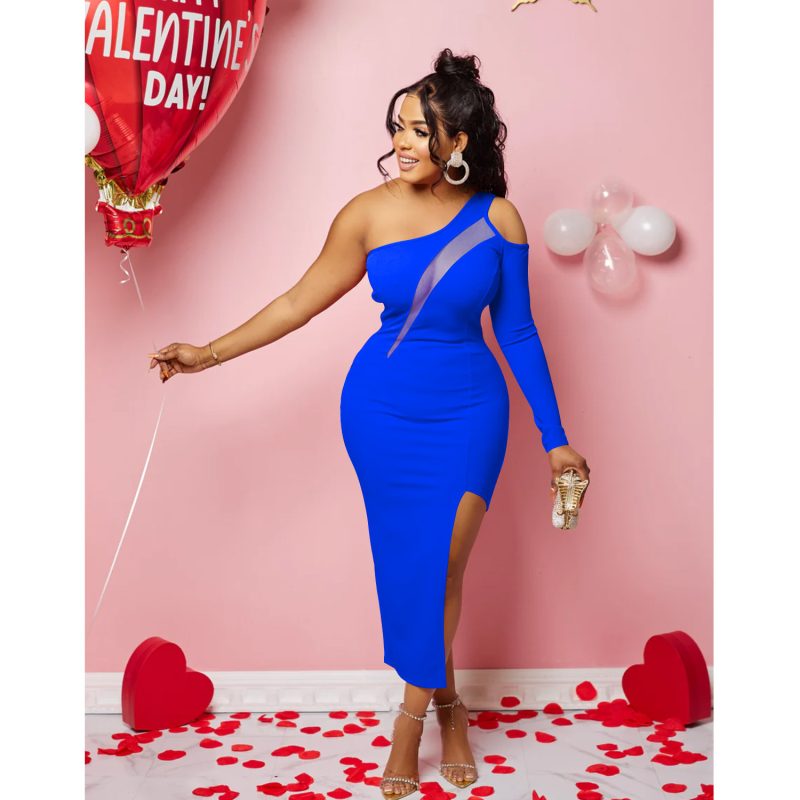 Solid Color Shoulder Mesh Stitching Split Dress
