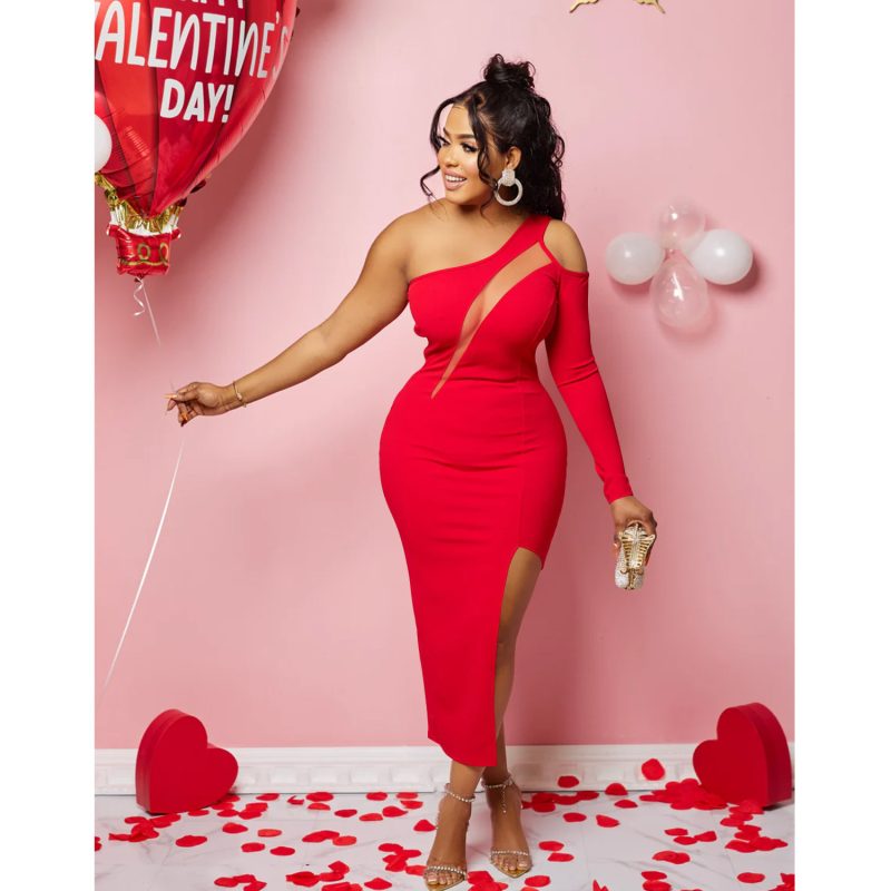Solid Color Shoulder Mesh Stitching Split Dress - Image 2