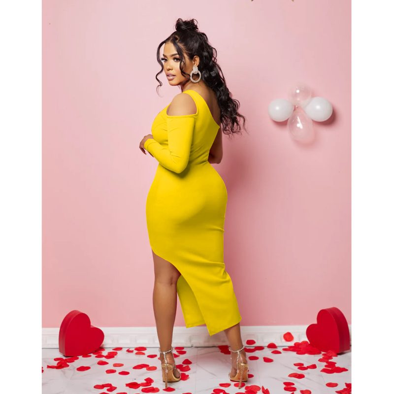 Solid Color Shoulder Mesh Stitching Split Dress - Image 3