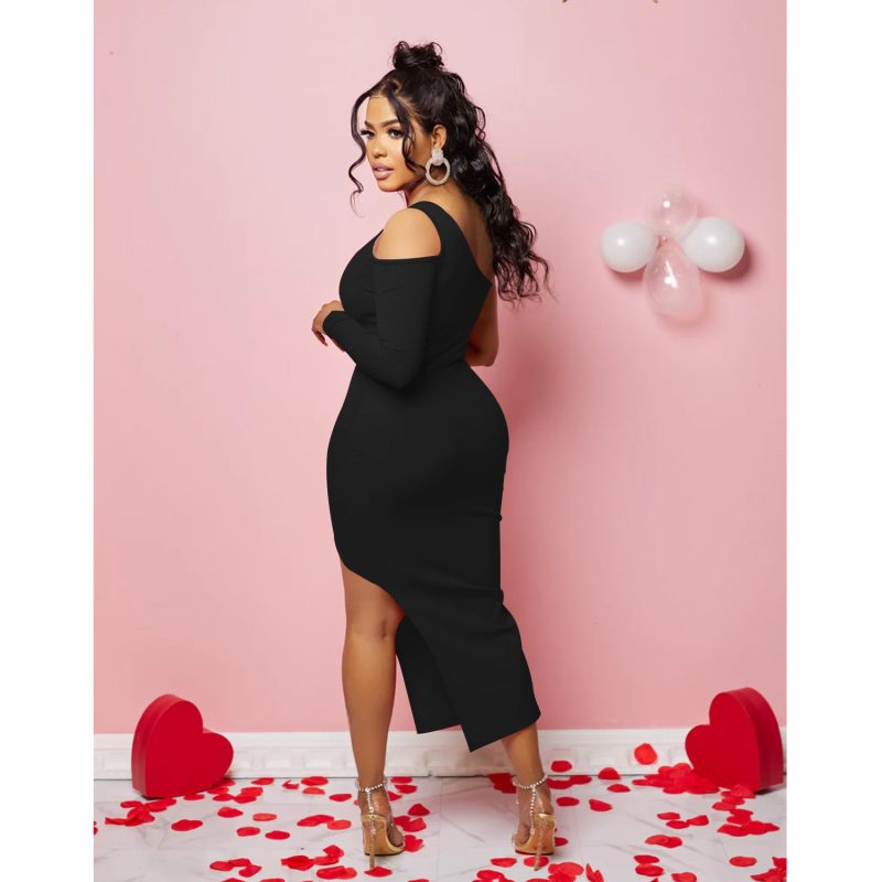 Solid Color Shoulder Mesh Stitching Split Dress - Image 4