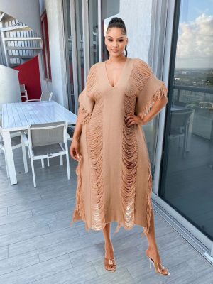Women’s Handmade Knitted Tassel See-Through Dress