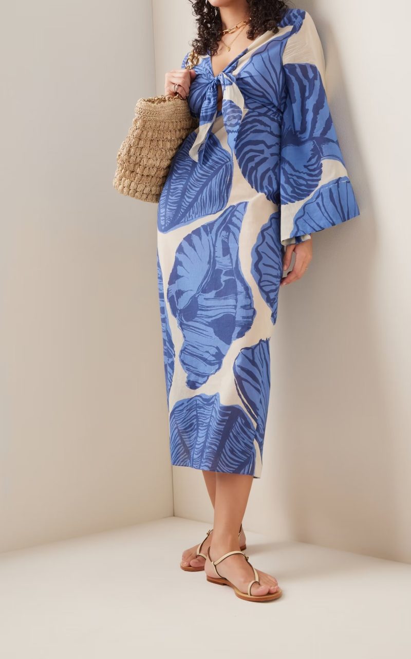 Printed V-Neck Flare Sleeve Casual Midi Dress