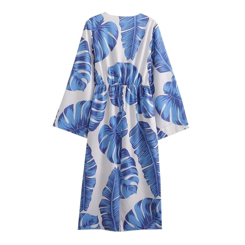 Printed V-Neck Flare Sleeve Casual Midi Dress - Image 3