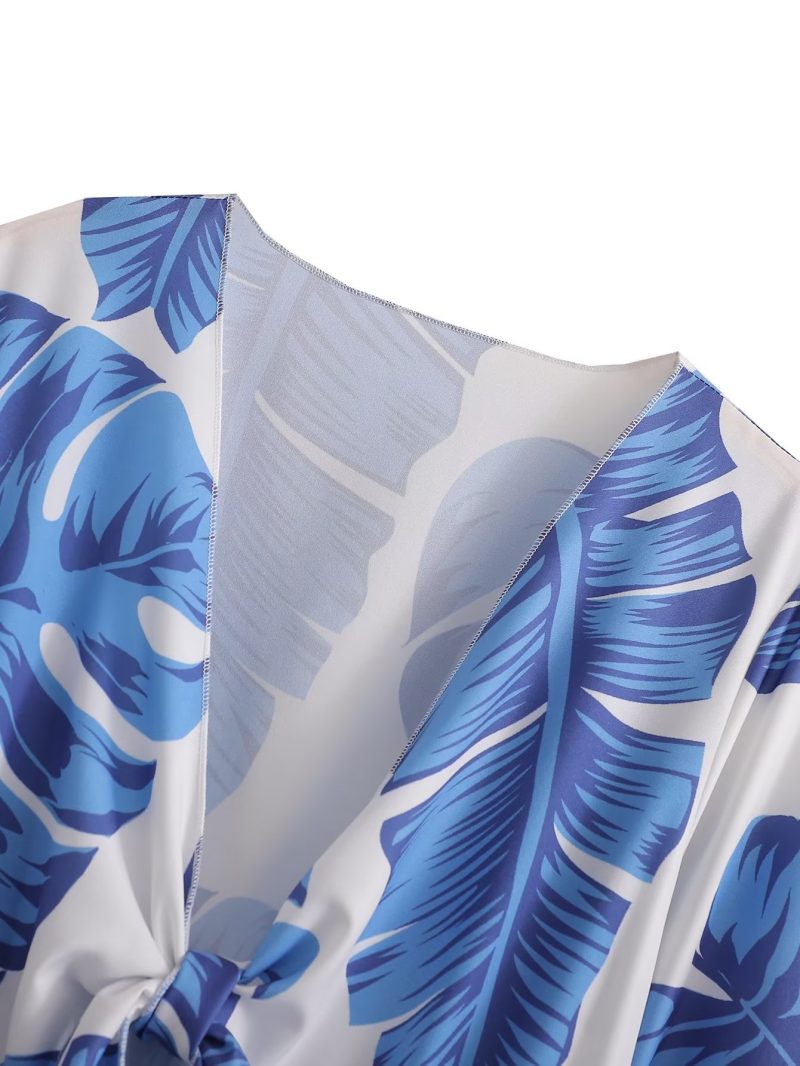 Printed V-Neck Flare Sleeve Casual Midi Dress - Image 4