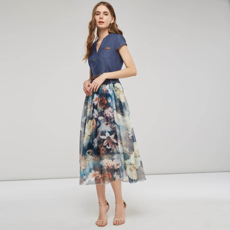 Elegant Slim Fit Denim Printed Midi Dress Women - Image 2