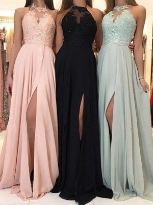 Summer Halter Lace Chiffon Split Evening Dress