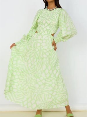 Women’s Round Neck Lantern Sleeve Elegant Dress