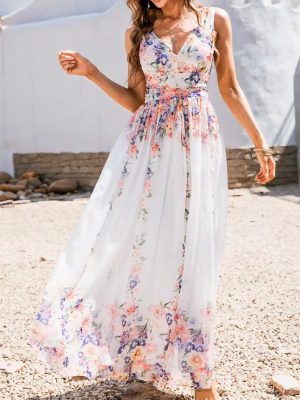 Summer White Floral Print V Neck Maxi Dress