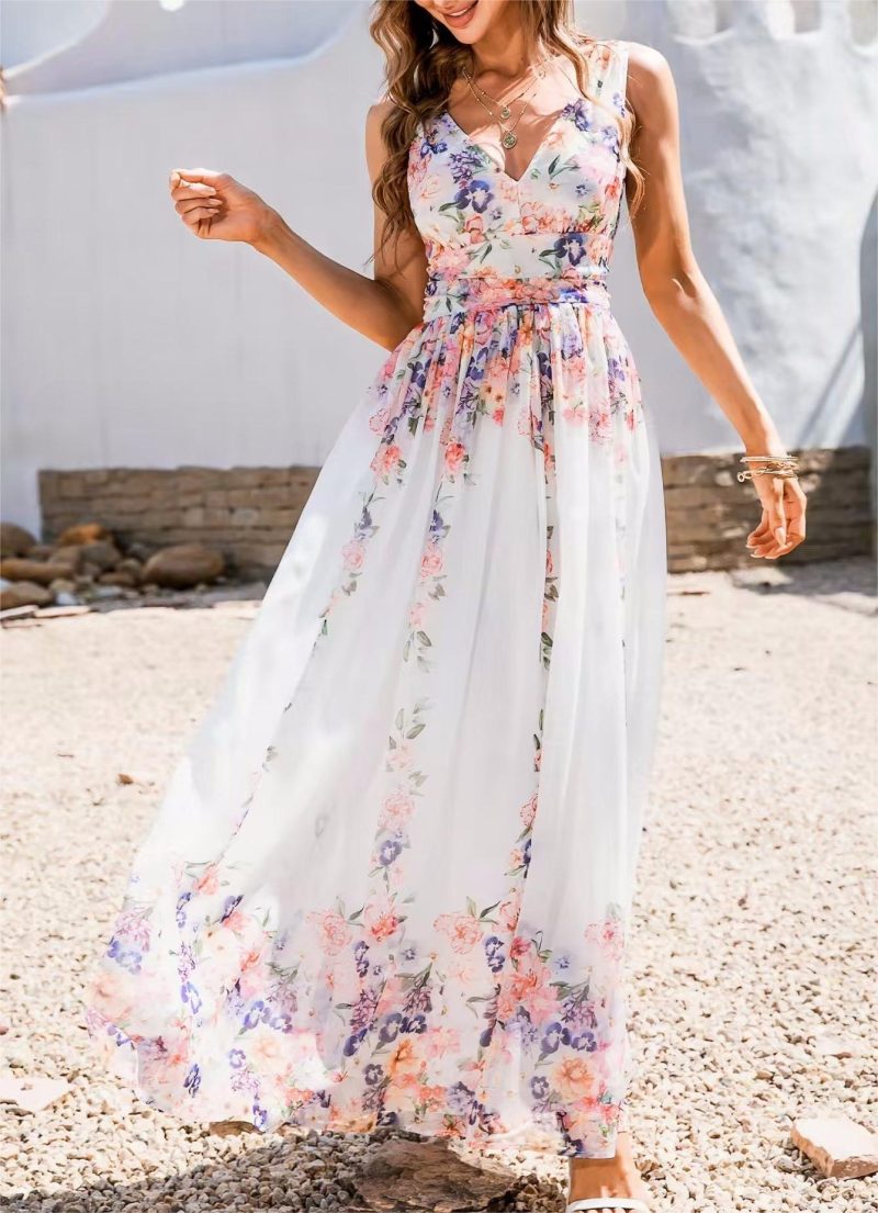 Summer White Floral Print V Neck Maxi Dress