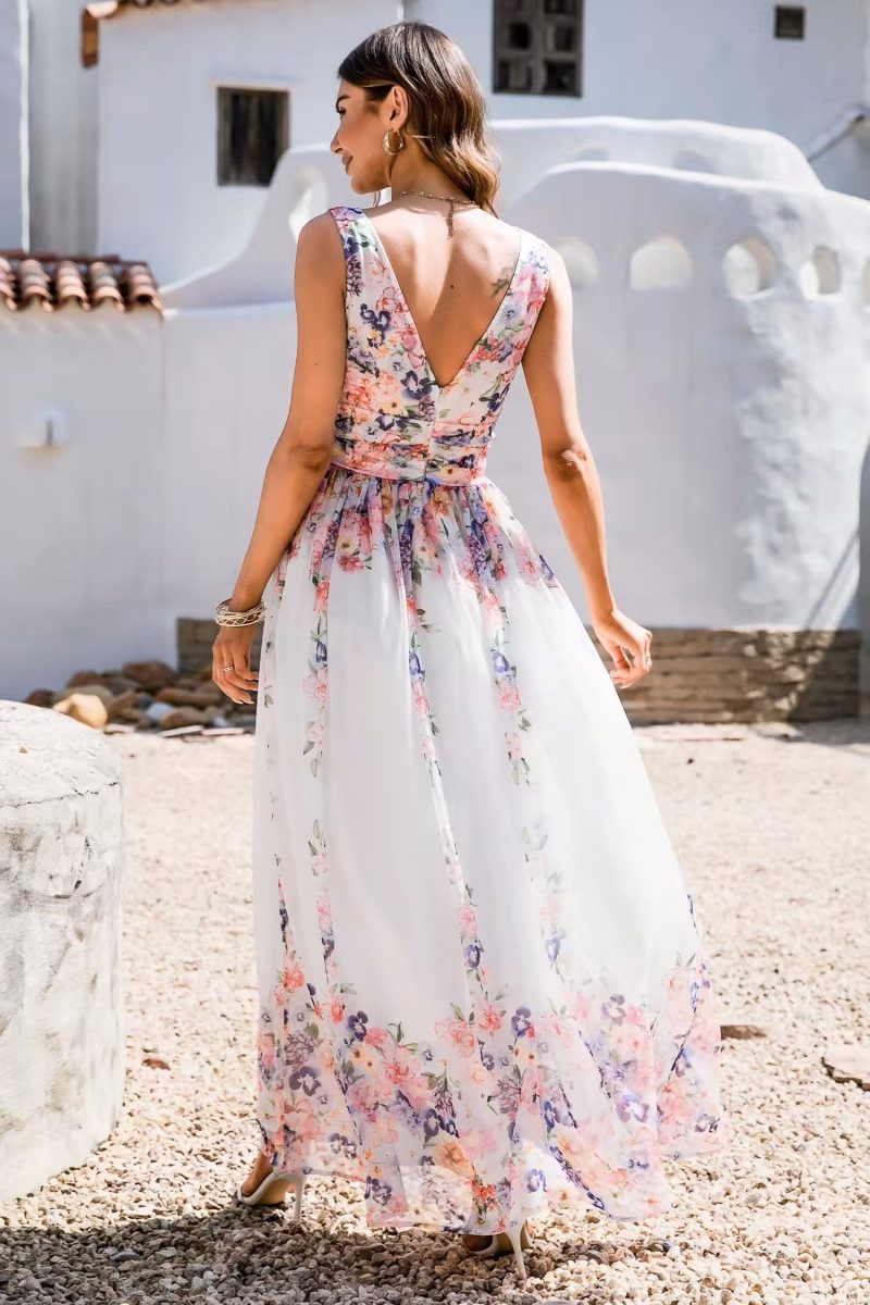 Summer White Floral Print V Neck Maxi Dress - Image 2