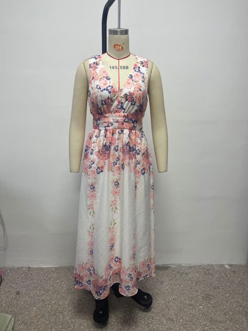 Summer White Floral Print V Neck Maxi Dress - Image 3