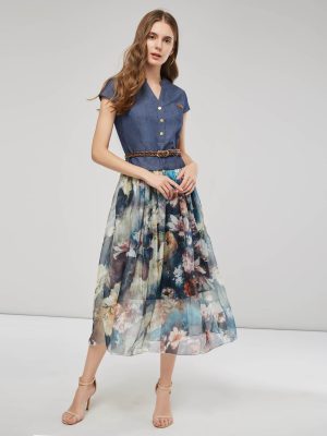 Elegant Slim Fit Denim Printed Midi Dress Women