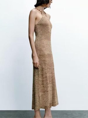 Women’s Summer Retro Beaded Backless Lace-Up Dress