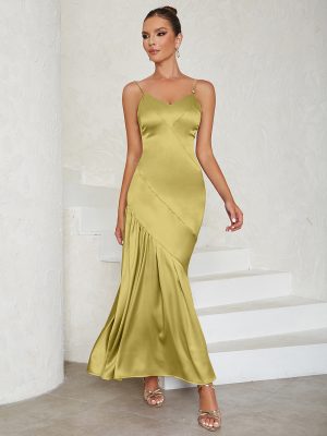 Simple Satin Strap Backless Pleated Slim Dress