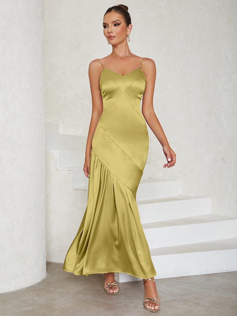 Simple Satin Strap Backless Pleated Slim Dress