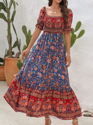 Women’s Bohemian Off Shoulder Puff Sleeve Dress