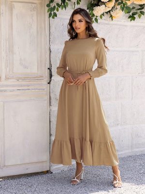Elegant Women’s Ruffled Waist Tie Casual Dress