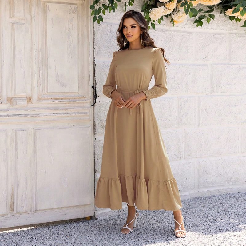 Elegant Women’s Ruffled Waist Tie Casual Dress