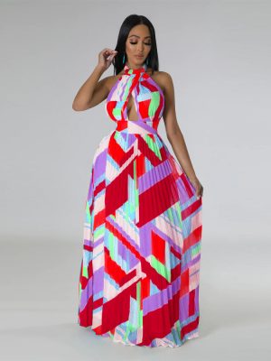 Halter Backless Pleated Printed Sleeveless Swing Dress