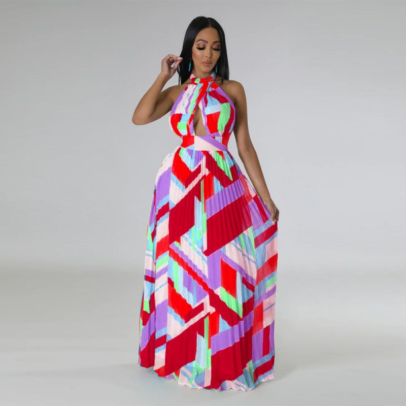 Halter Backless Pleated Printed Sleeveless Swing Dress