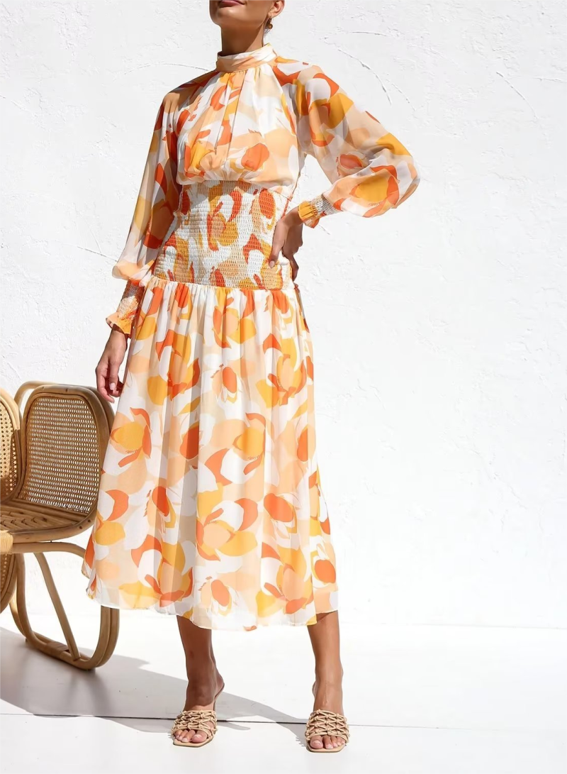 Autumn Winter Printed Long Sleeve Waist Dress