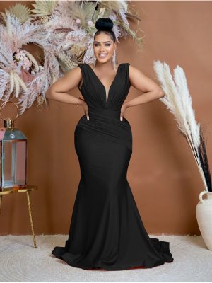 Women’s Solid Color V-Neck Sleeveless Pleated Maxi Dress