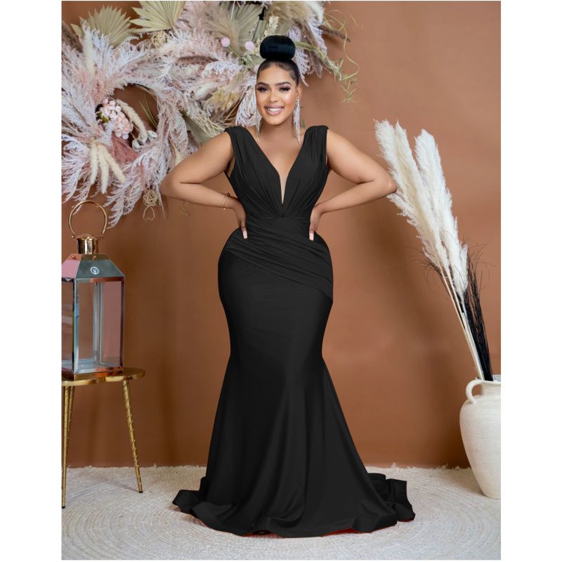 Women’s Solid Color V-Neck Sleeveless Pleated Maxi Dress