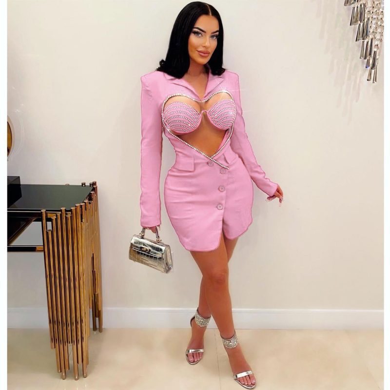 Solid Color Rhinestone Heart Slim Fit Suit