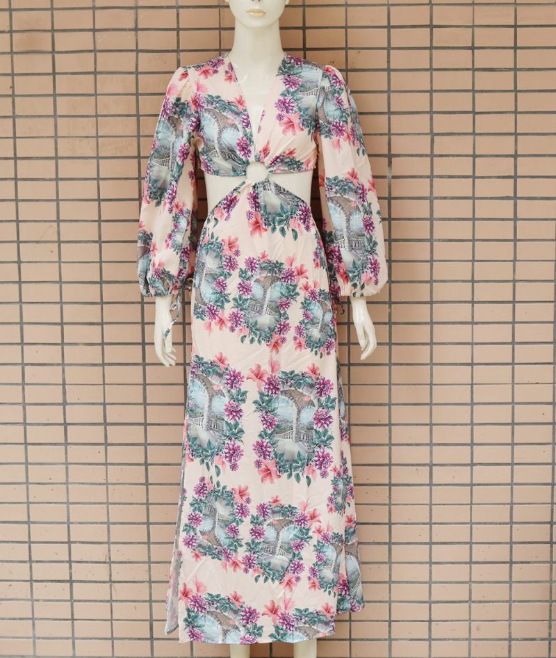 Summer Women’s Printed Long Sleeve Cutout Dress - Image 3